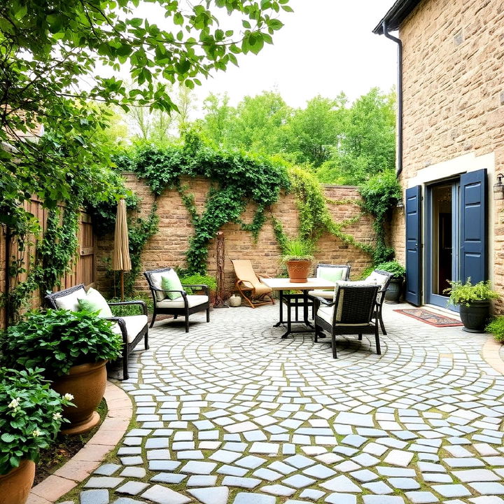 design a rustic outdoor escape with cobblestones