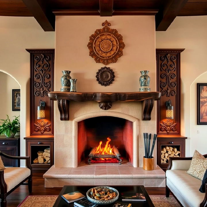 detailed carved wooden fireplace