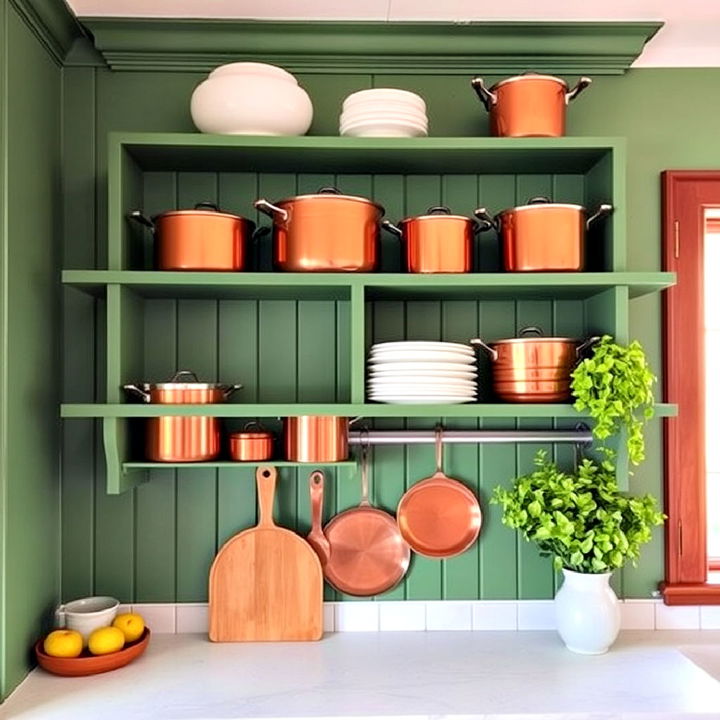 displaying copper cookware on green open shelves