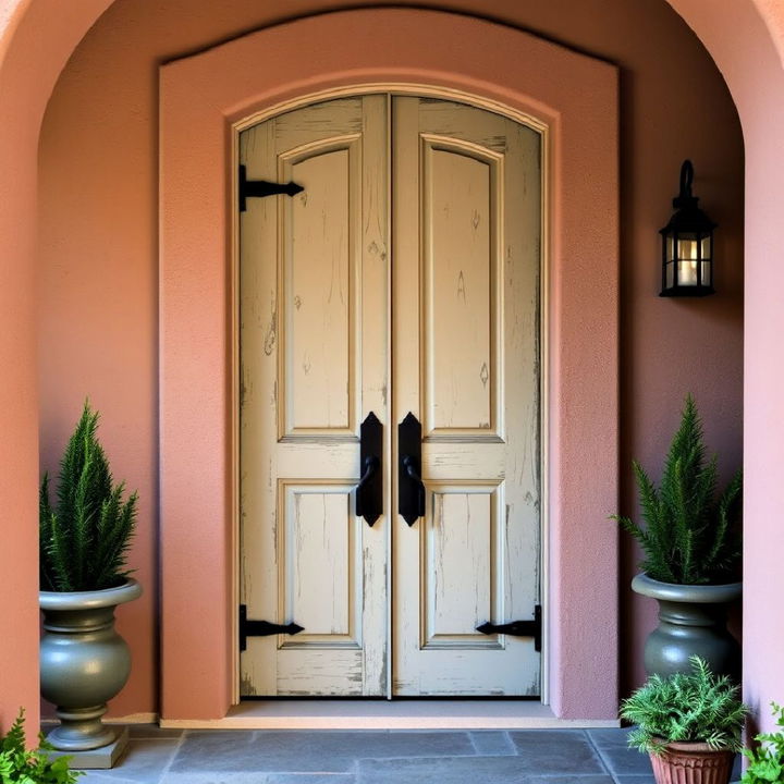 distressed finish door with bold hardware for spanish style entrances