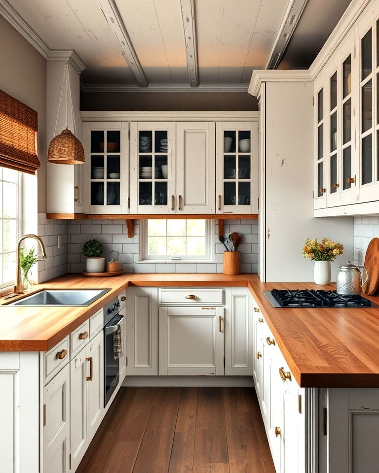 distressed white cabinets for rustic kitchen