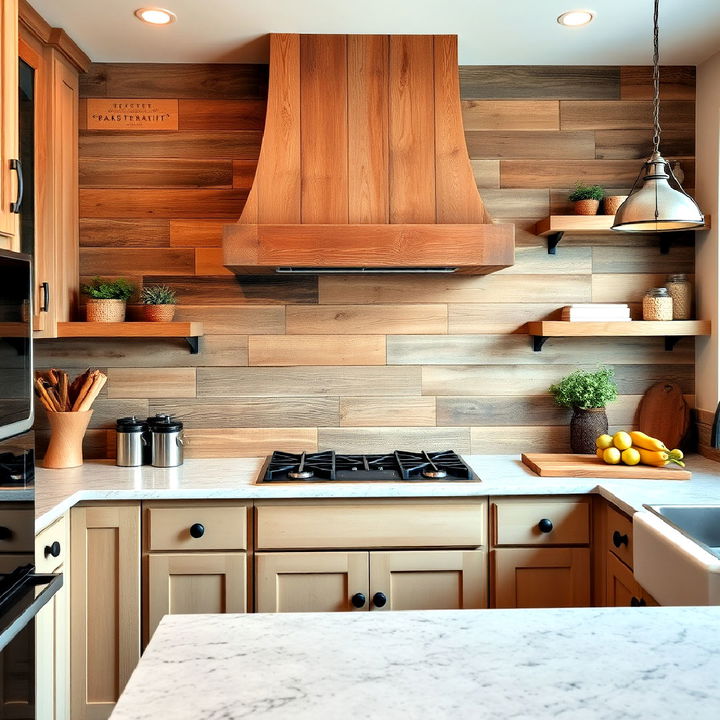 distressed wooden plank backsplash