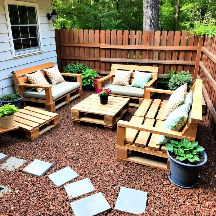 diy mulch patio with pallet furniture