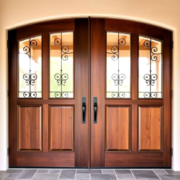 double wooden doors with glass inserts for a grand entrance