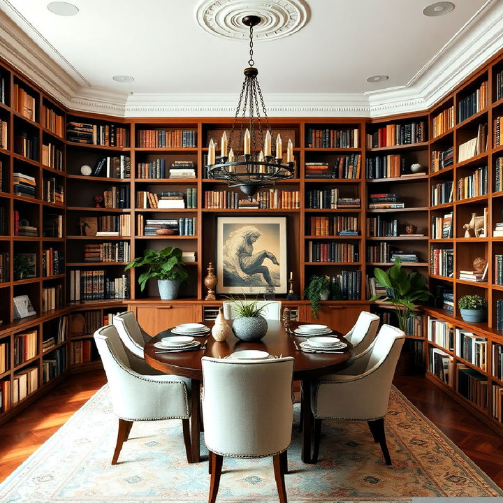 dramatic wraparound bookshelves for a library dining room