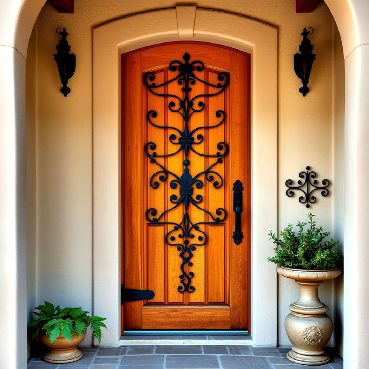 durable wooden front door with iron accents