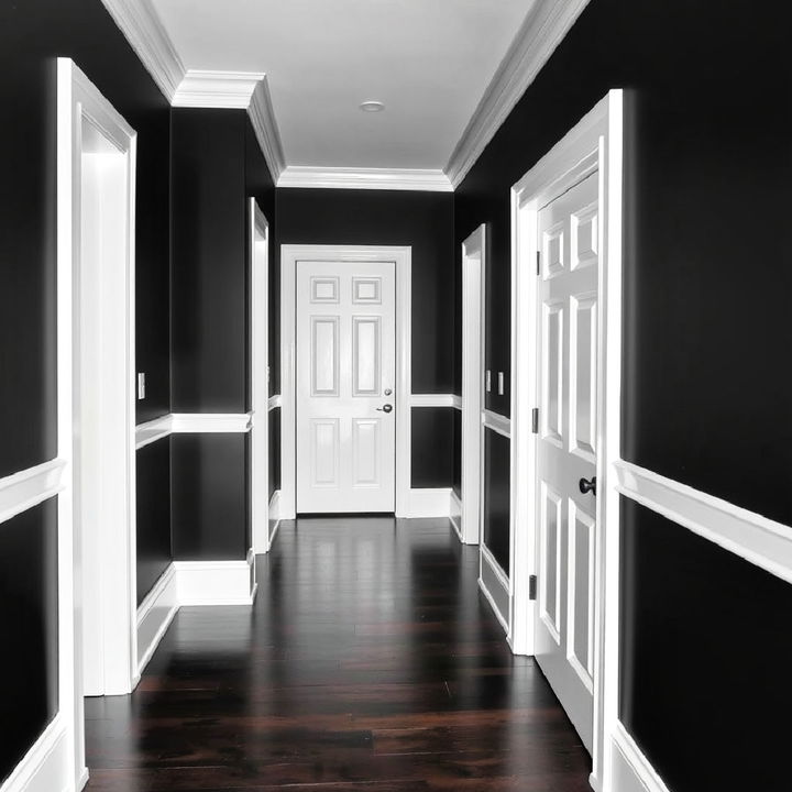 dynamic black accent hallway wall with white trim