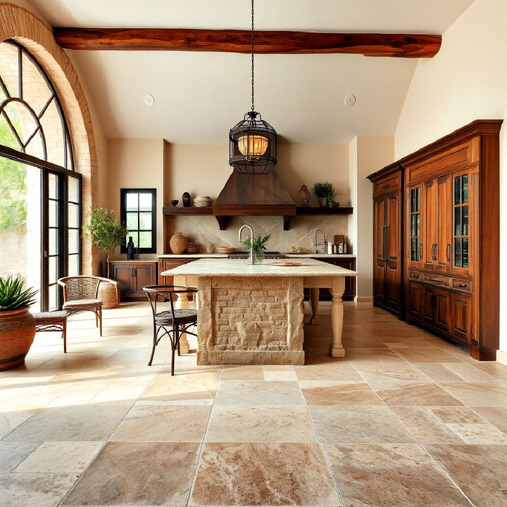 earthy and durable spanish kitchen travertine flooring