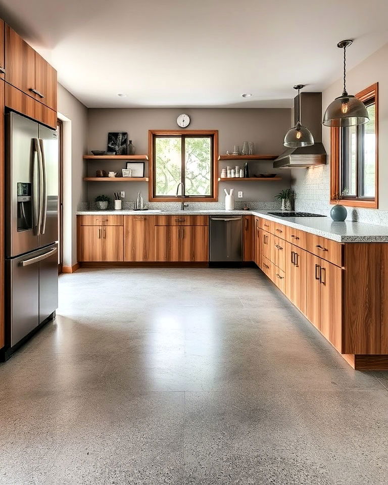 earthy concrete kitchen floor with exposed aggregate