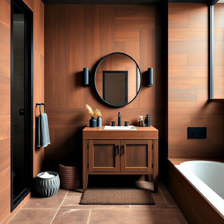 earthy contrast bathroom with dark elegance