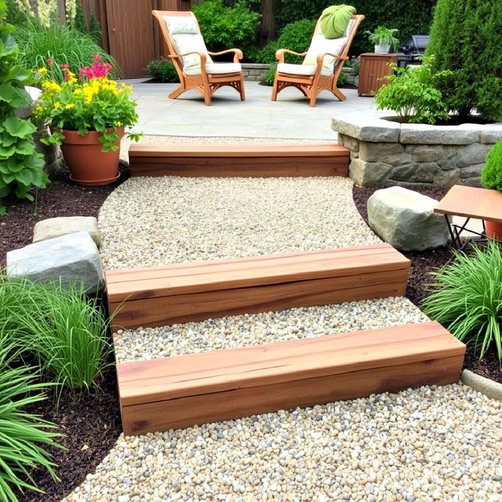 earthy gravel and timber patio steps