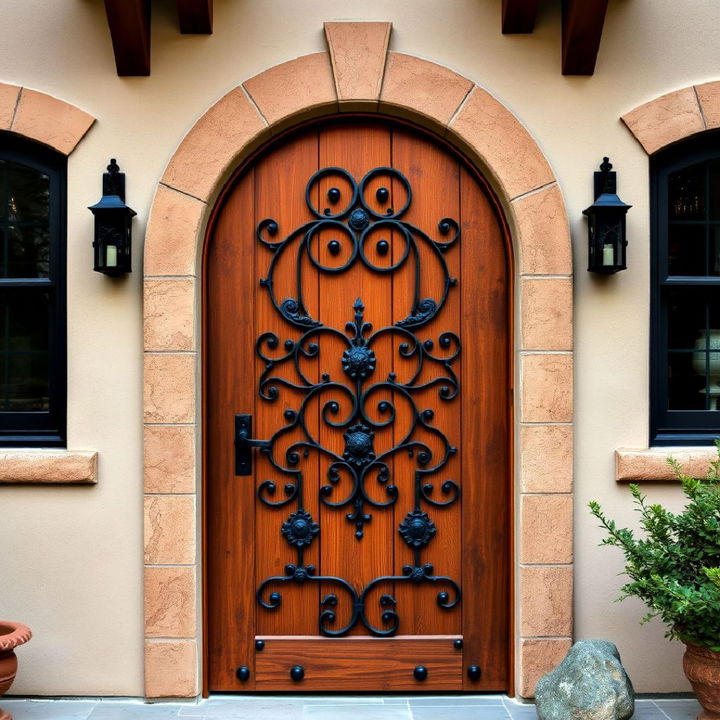 earthy wooden entrance door with rustic stone surround