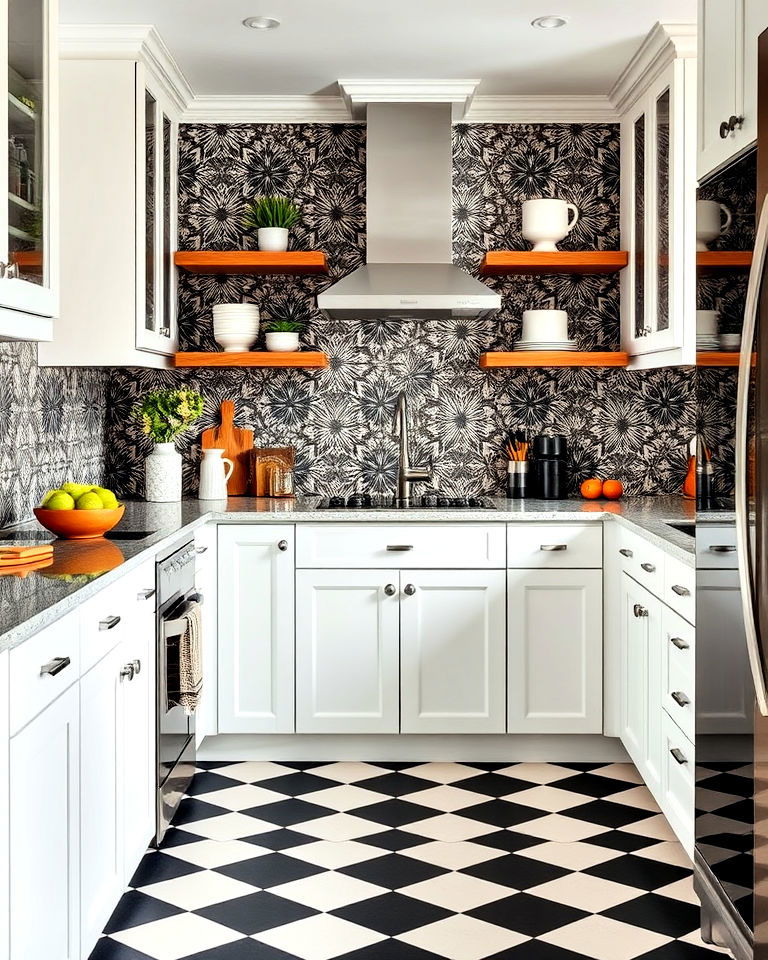 eclectic checkered kitchen floor with patterned backsplash