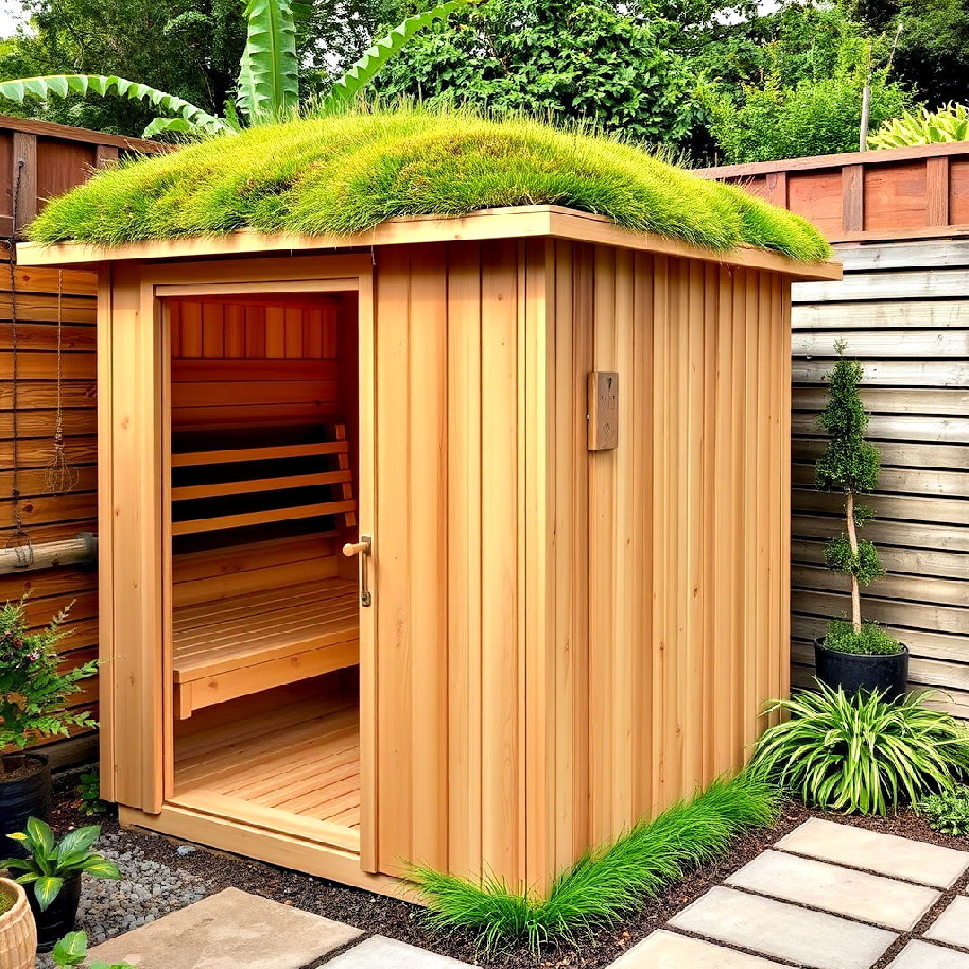 eco friendly garden sauna with green roof