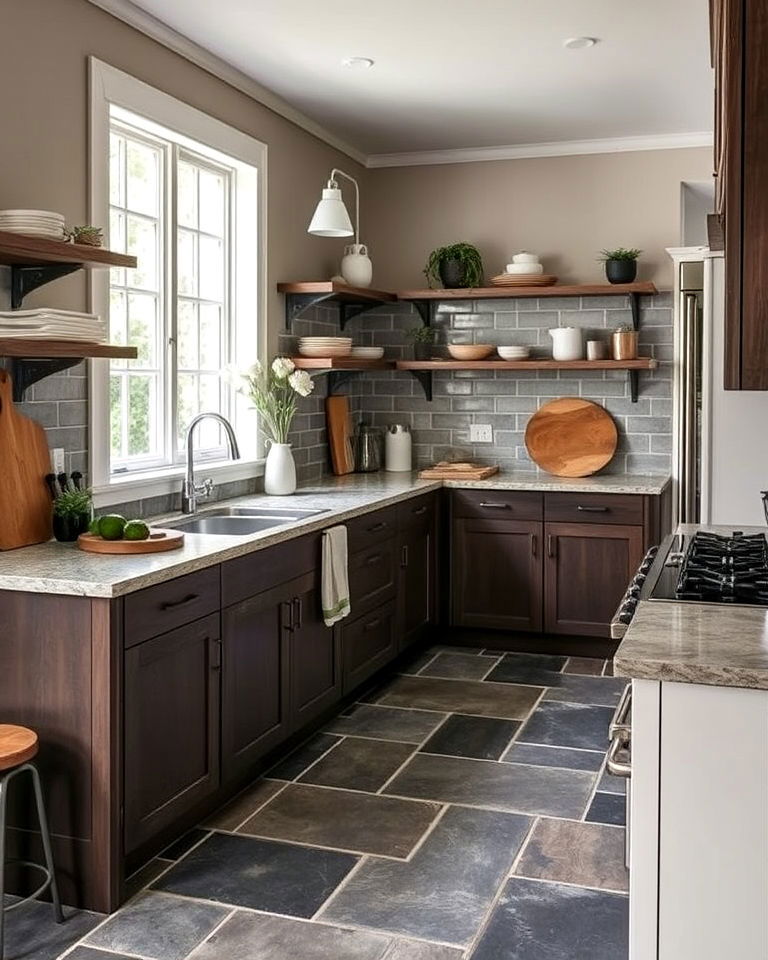 eco friendly kitchen with recycled slate tiles floor