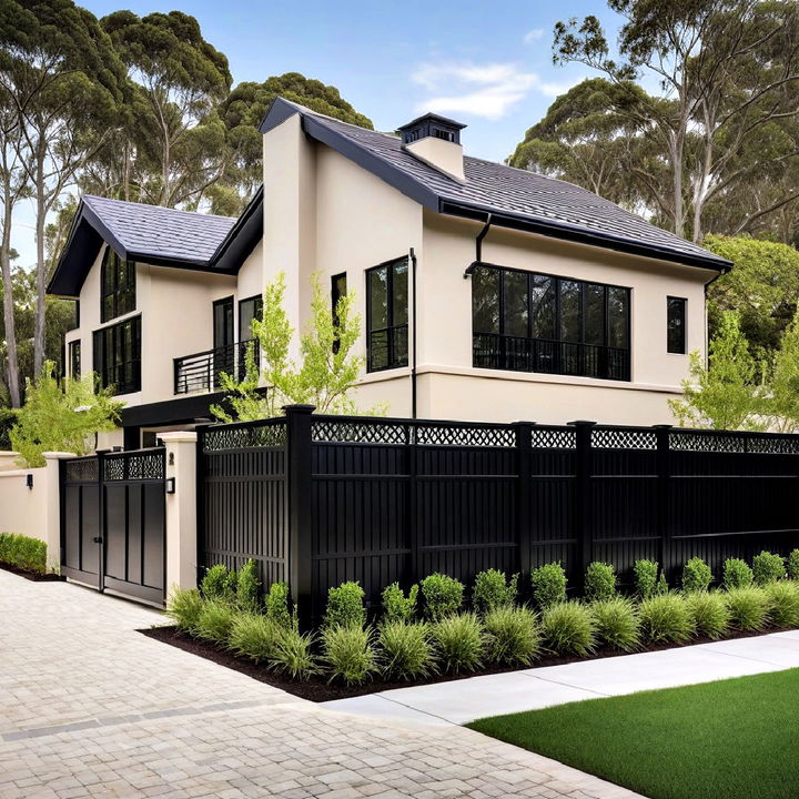 elegant beige house with black fencing