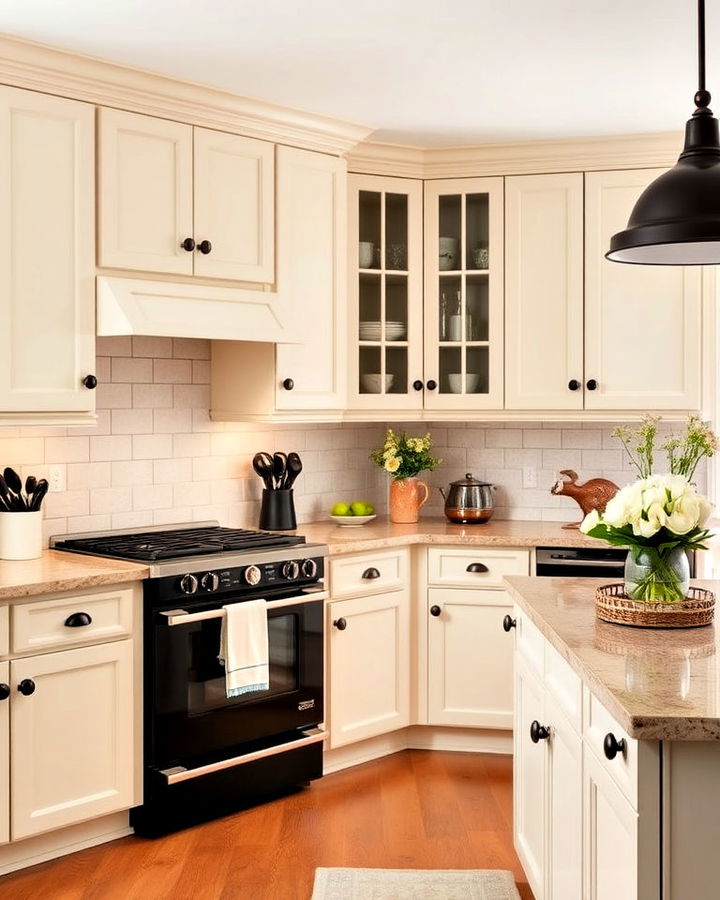 elegant cream cabinets with black appliances