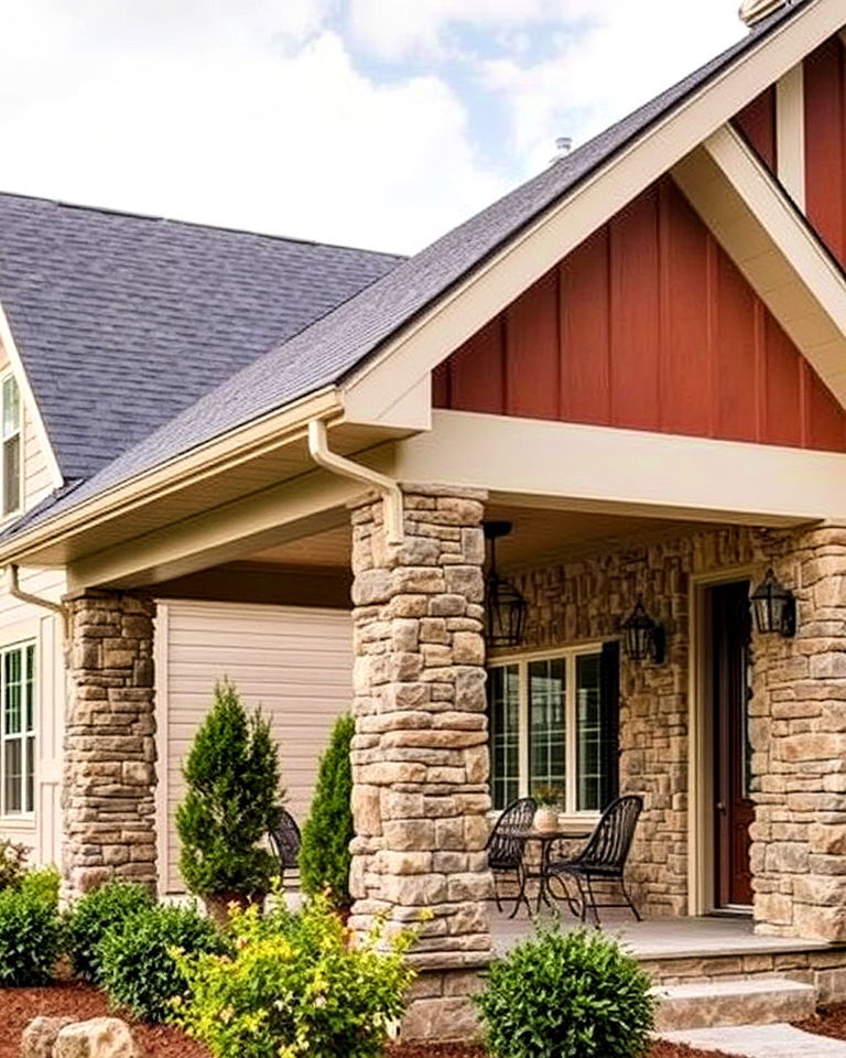 elegant shed roof porch with stone pillars