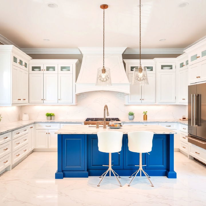 elegant white cabinets with a blue island and marble tops