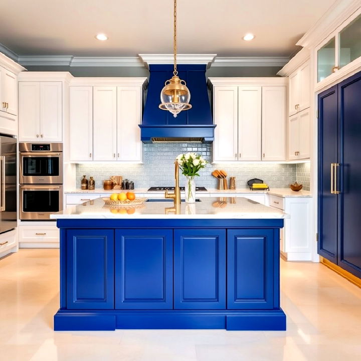 elegant white cabinets with a rich royal blue island