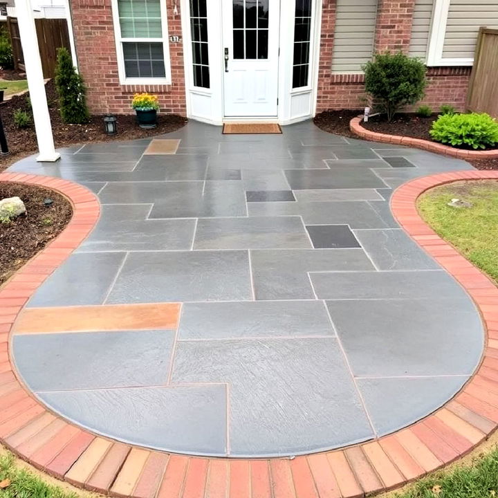 elevate a patio with a slate and brick stamped concrete border