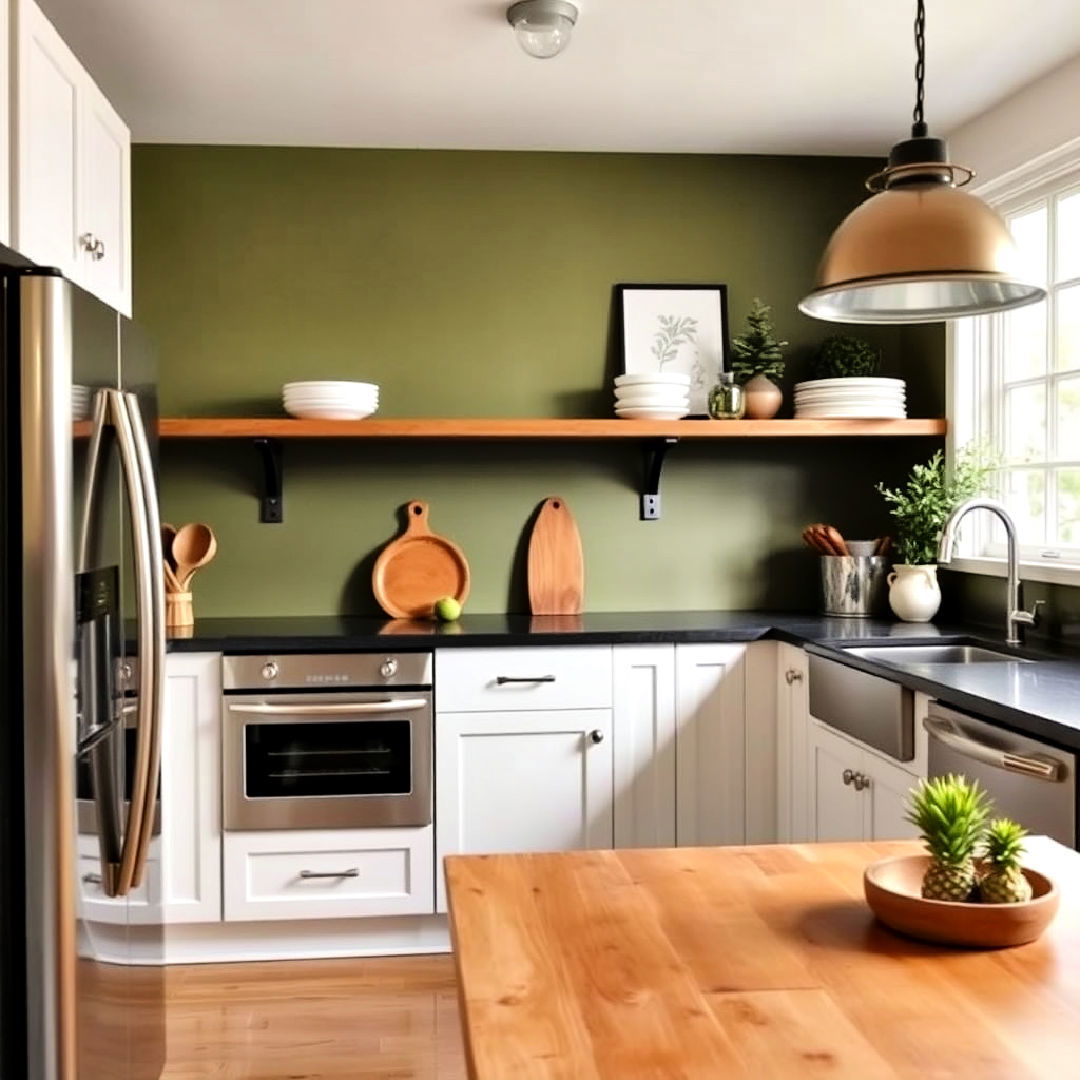 elevate your kitchen with a subtle olive green accent wall