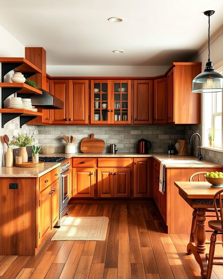 enhancing a rustic aesthetic with cherry cabinets