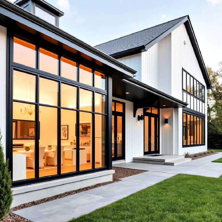 expansive black framed windows for a contemporary look