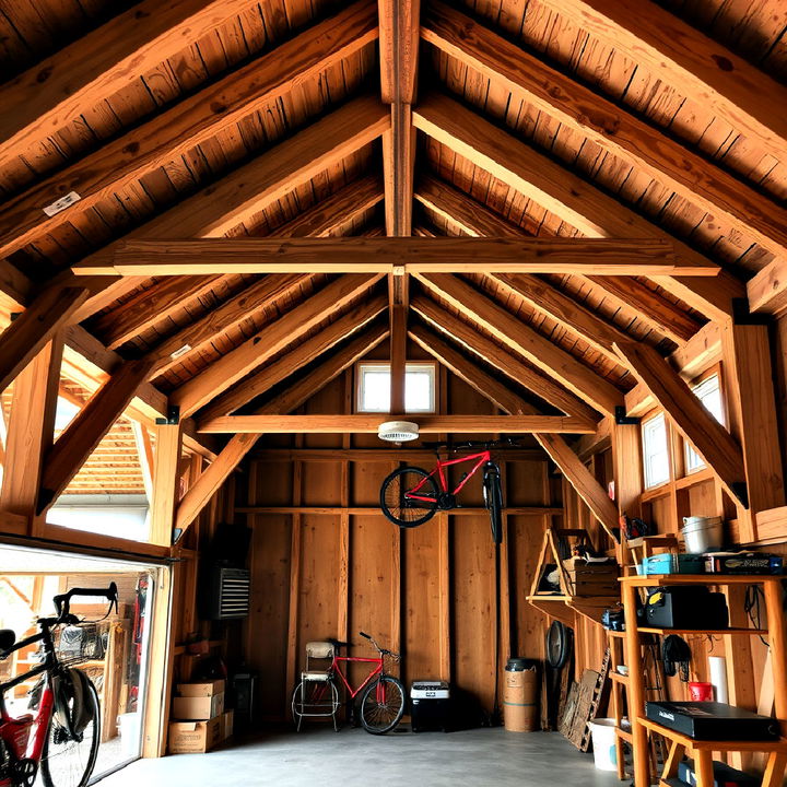 exposed wooden garage rafters for a rustic look