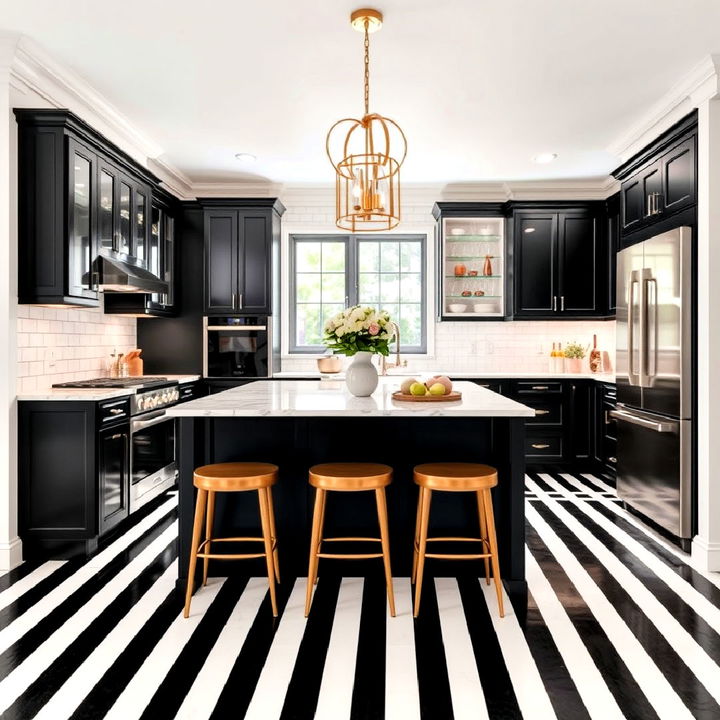 eye catching black and white flooring with subtle gold highlights