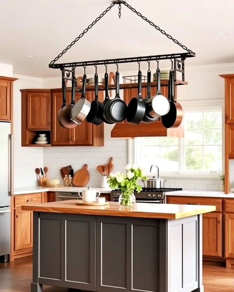 farmhouse kitchen island with hanging pot rack