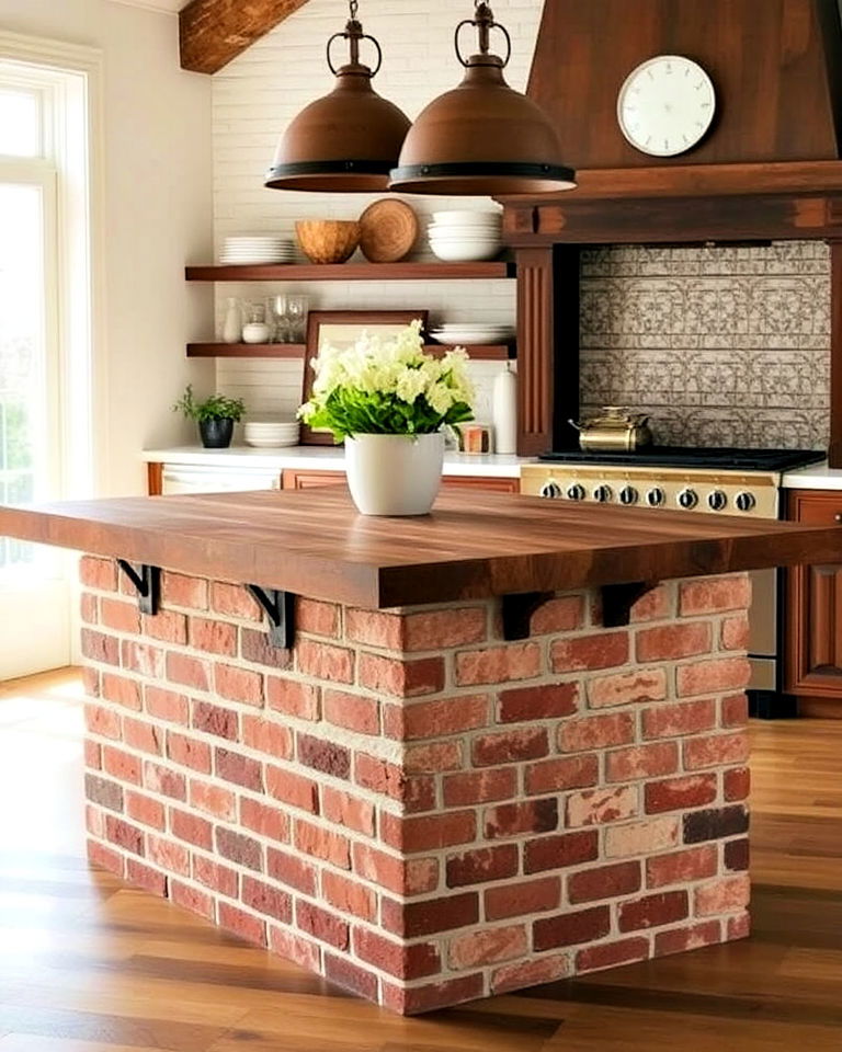 farmhouse kitchen island with reclaimed brick base