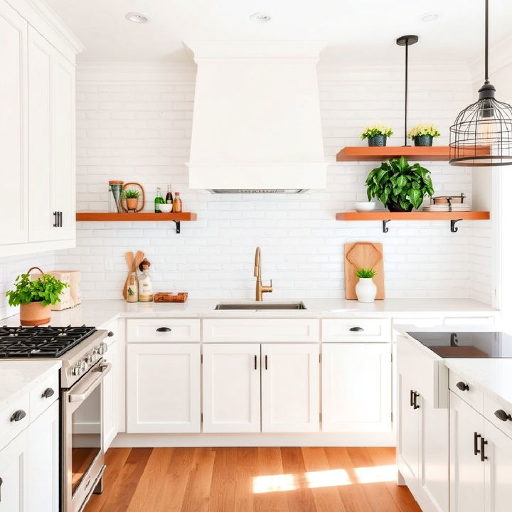 farmhouse kitchen with a white brick backsplash