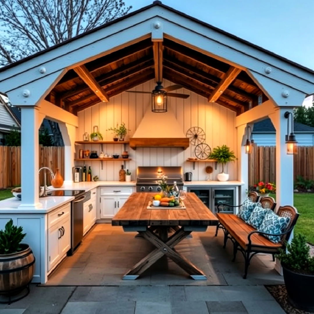 farmhouse style outdoor kitchen with a gazebo