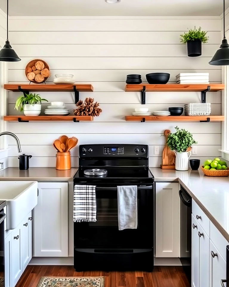 farmhouse style small kitchen with black appliances