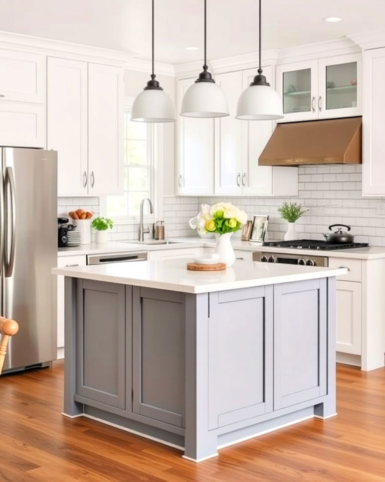 farmhouse white cabinets with grey island and subway tile