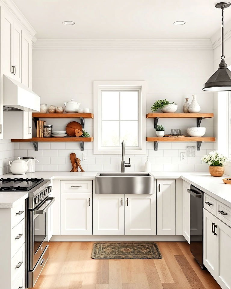 farmhouse white kitchen with rustic stainless steel fixtures