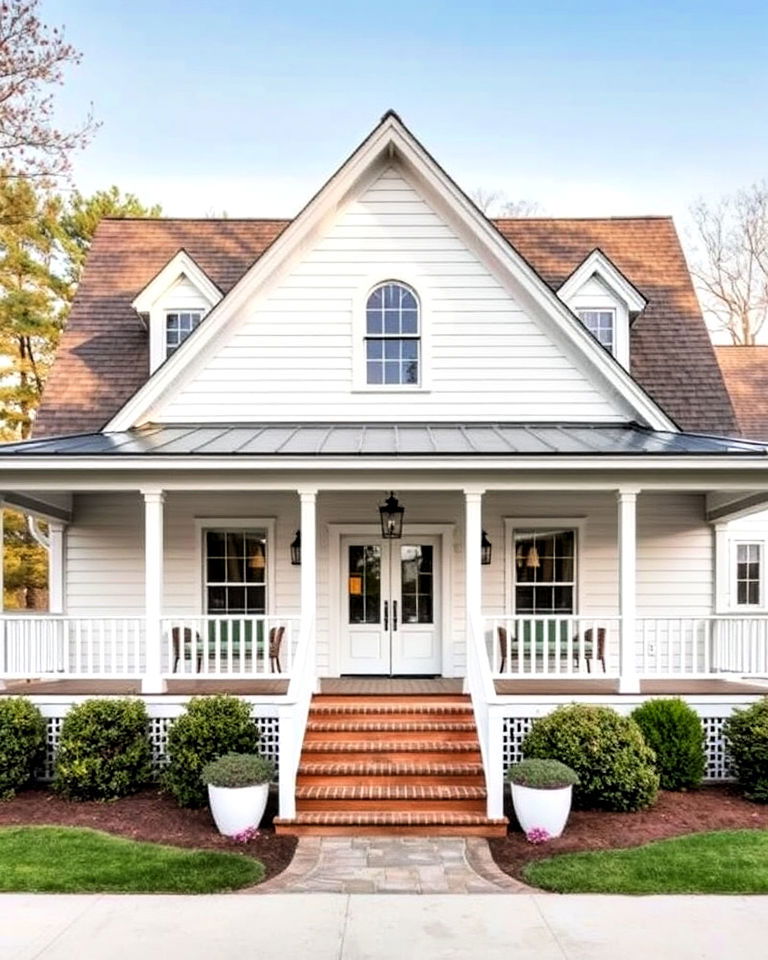 farmhouse with a gabled roof and wrap around porch