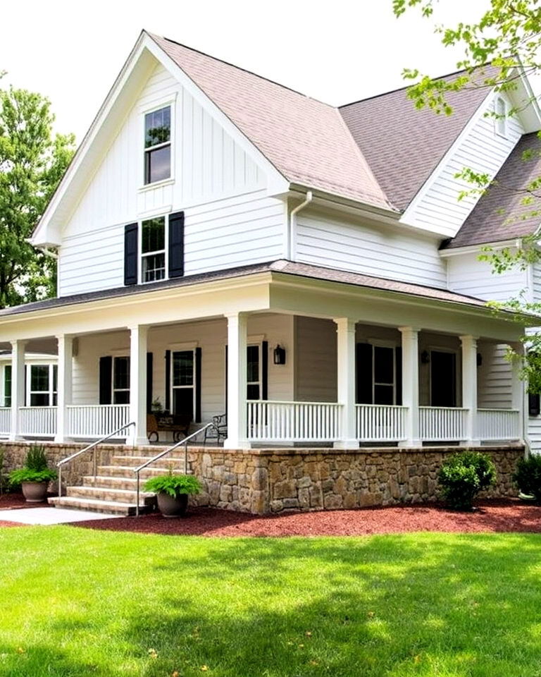 farmhouse with stone wrap around porch foundation