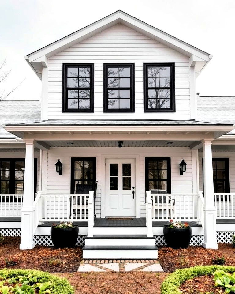 farmhouse wrap around porch with black window frames