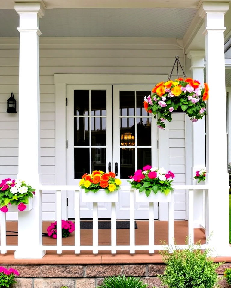 farmhouse wrap around porch with flower box planters