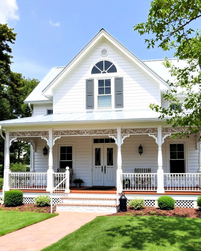 farmhouse wrap around porch with wrought iron railings