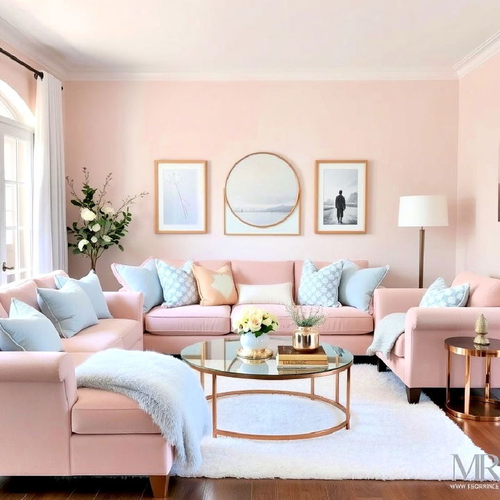 feminine atmosphere using blush pink and light blue tones