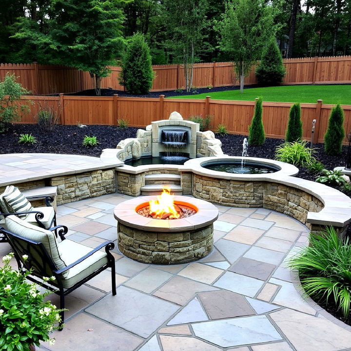 fire pit stone patio with water feature