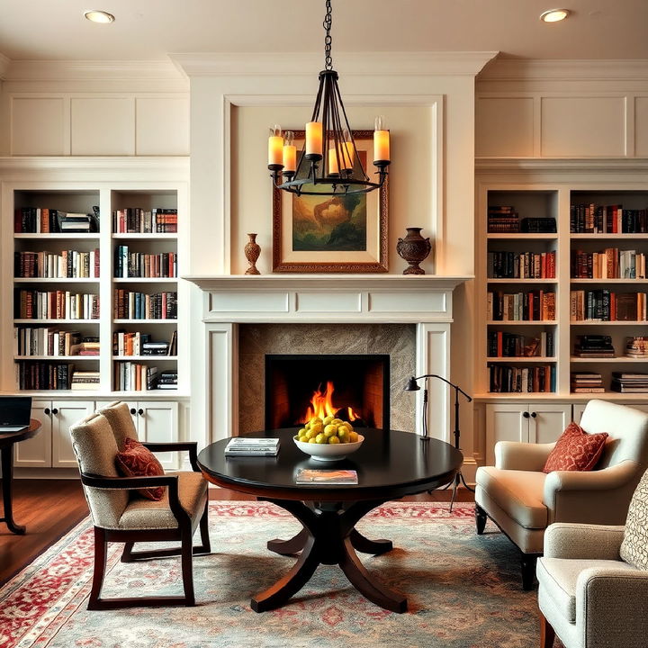 fireplace with bookshelves to create a cozy dining room