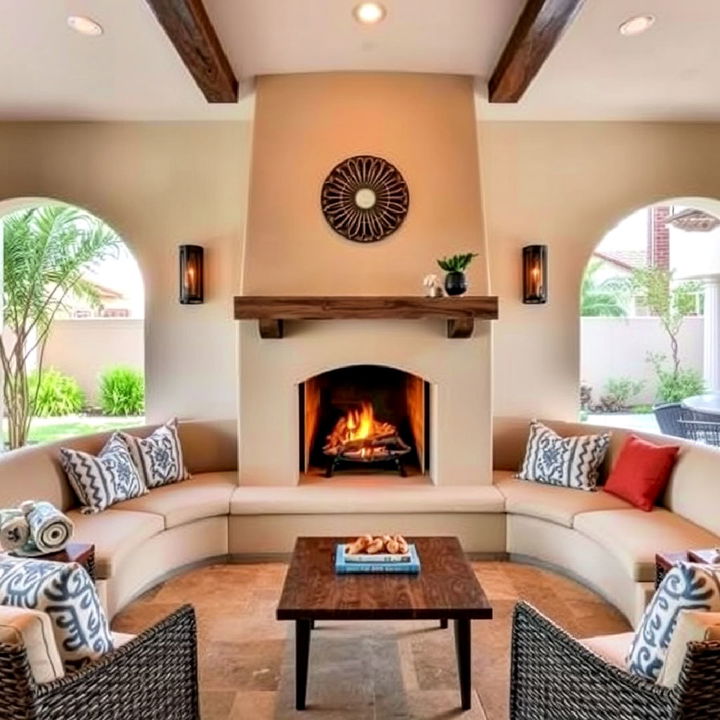 fireplace with built in seating area