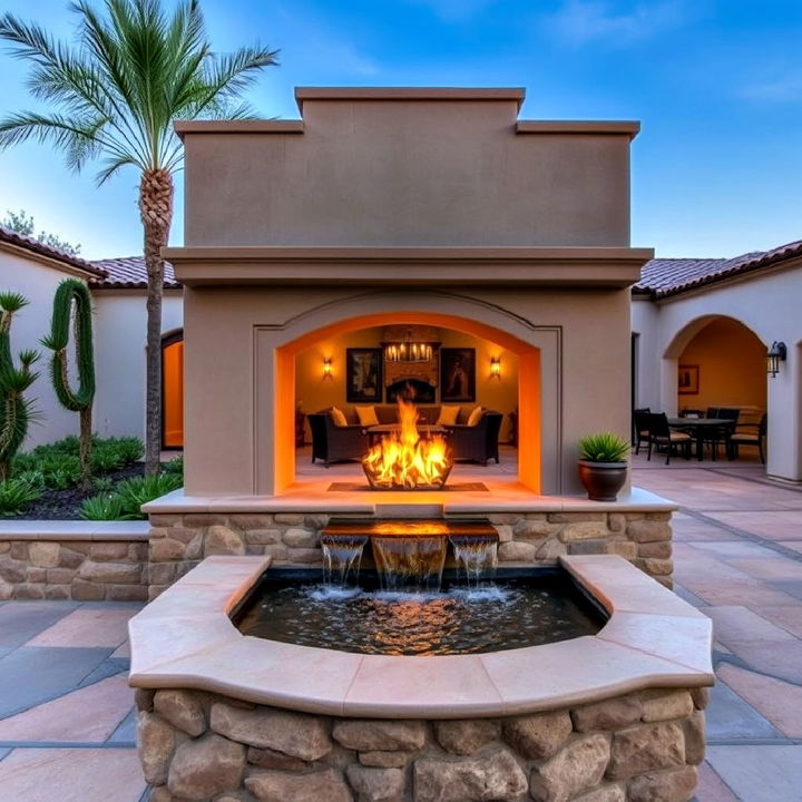 fireplace with tranquil water feature