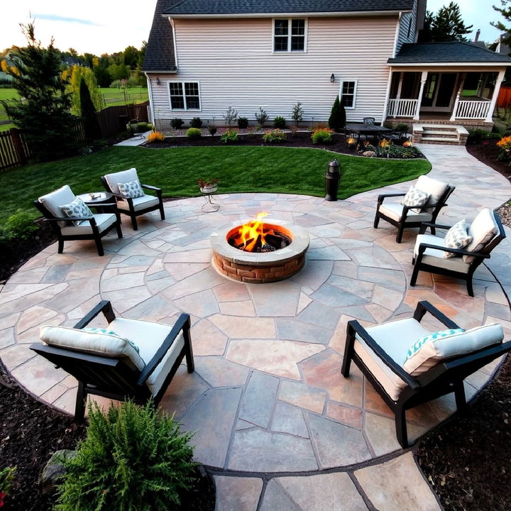 flagstone look concrete patio with circular fire pit