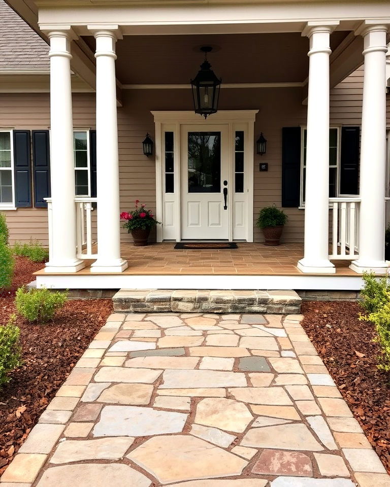 flagstone walkway to enhance colonial front porch