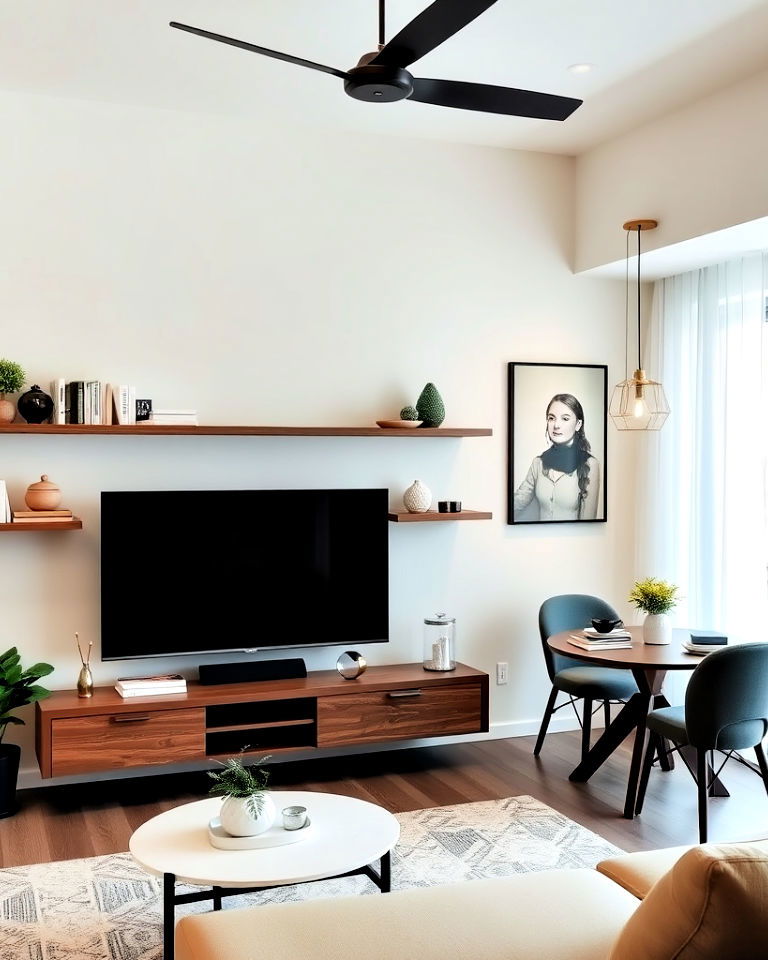 floating shelves for small living room with tv and dining table